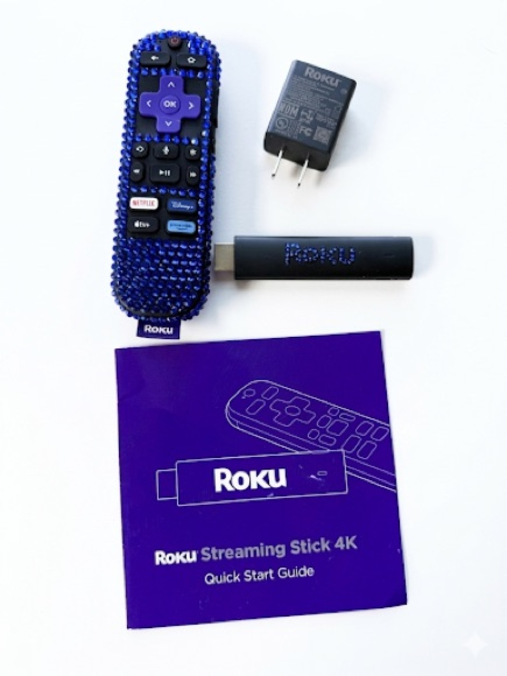 Bedazzled Roku Streaming Stick 4K Bundle — Blue Rhinestone Bling Remote NEW